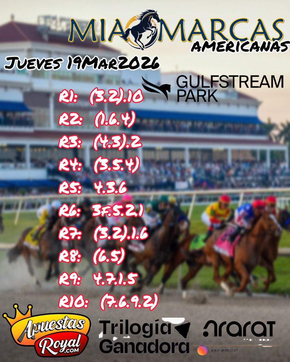 MiaMarcas's tweet photo. #Hipismo #GulfstreamPark
#MiaMarcasamericanas
Jueves 19Mar2026
#ApuestasRoyal
#TrilogiaGanadora
#AraratProduccion https://t.co/HP84FKKT3s