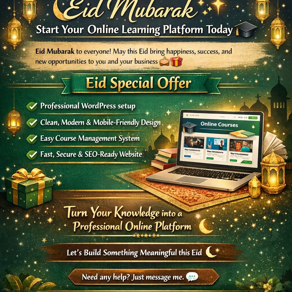 firoj71995's tweet image. 🎁Eid Mubarak 🌙✨
Start your online course journey with a professional Tutor LMS website 🎓
Special Eid discount available for a limited time!
Need any help? Just message me. 💬
#EidMubarak #TutorLMS #WordPress