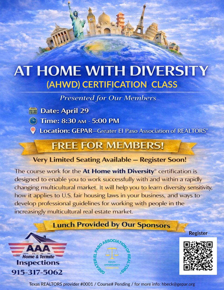 Join us for the At Home With Diversity (AHWD) Certification Class on April 29 at GEPAR! This course helps REALTORS® better serve diverse communities and understand fair housing in today’s multicultural market. Free for members, with limited seating available, register soon!