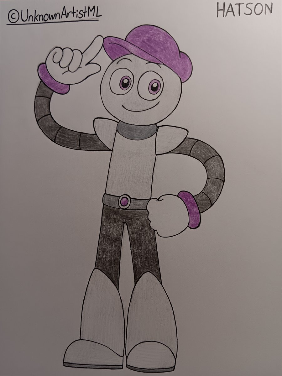 UnknownArtistML's tweet photo. Hatson is a cyborg that came from a faraway planet. He's also a gifted mechanic who likes to built inventions and fix broken machines. His purple hat contains a strong energy that allows him to use psychic powers.

[ #UnknownArtistML | #Hatson | #Robot | #OC | #TraditionalArt ] https://t.co/y9sqjwLizi