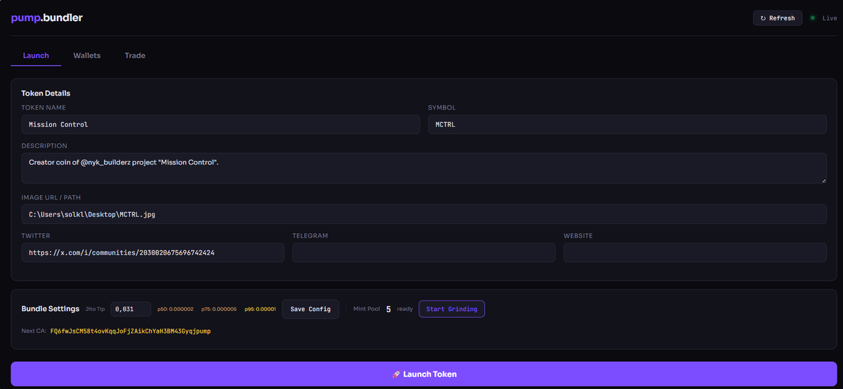 LaintDev's tweet photo. Made a huge update for my Bundler/Trading Bot.
I switched to Web Dashboard due to all the new features. Screenshots show the interface.
Since this is actually game changing tech, it will stay private for now. Not sure how and when I will move it to public.

Launch Tab:
- Way more streamlined, everything configurable through input fields directly
- Vanity mint address grinding (ends in "pump")
- Timing info box with UTC/CET/EST clocks and day ratings for optimal launch time

Wallets Tab:
- Add/generate/remove buyer wallets
- Per-wallet toggles: ON/OFF, BDL (bundle), VOL (volume bot)
- TX group system, organize wallets into transaction groups, up to 5 TXs (Jito limit)
- Stealth fund via MEXC: withdraw SOL through disposable intermediary wallets so buyer wallets never touch CEX directly and no connections between buyer wallets
- Close empty token accounts to reclaim rent SOL
- Withdraw all SOL back to "Safe Wallet" in one click

Trade Tab:
- Live token card: market cap, price, creator balance, claimable fees
- Per-wallet PnL tracking (cost, sold, net profit)
- Individual + group buy/sell buttons with preset amounts and jitter
- Volume Bot: This is reaaally interesting. It creates volume in an organic way. More infos on this feature will follow soon 👀

So much attention to detail, it's actually insane. Would love to get some feedback.