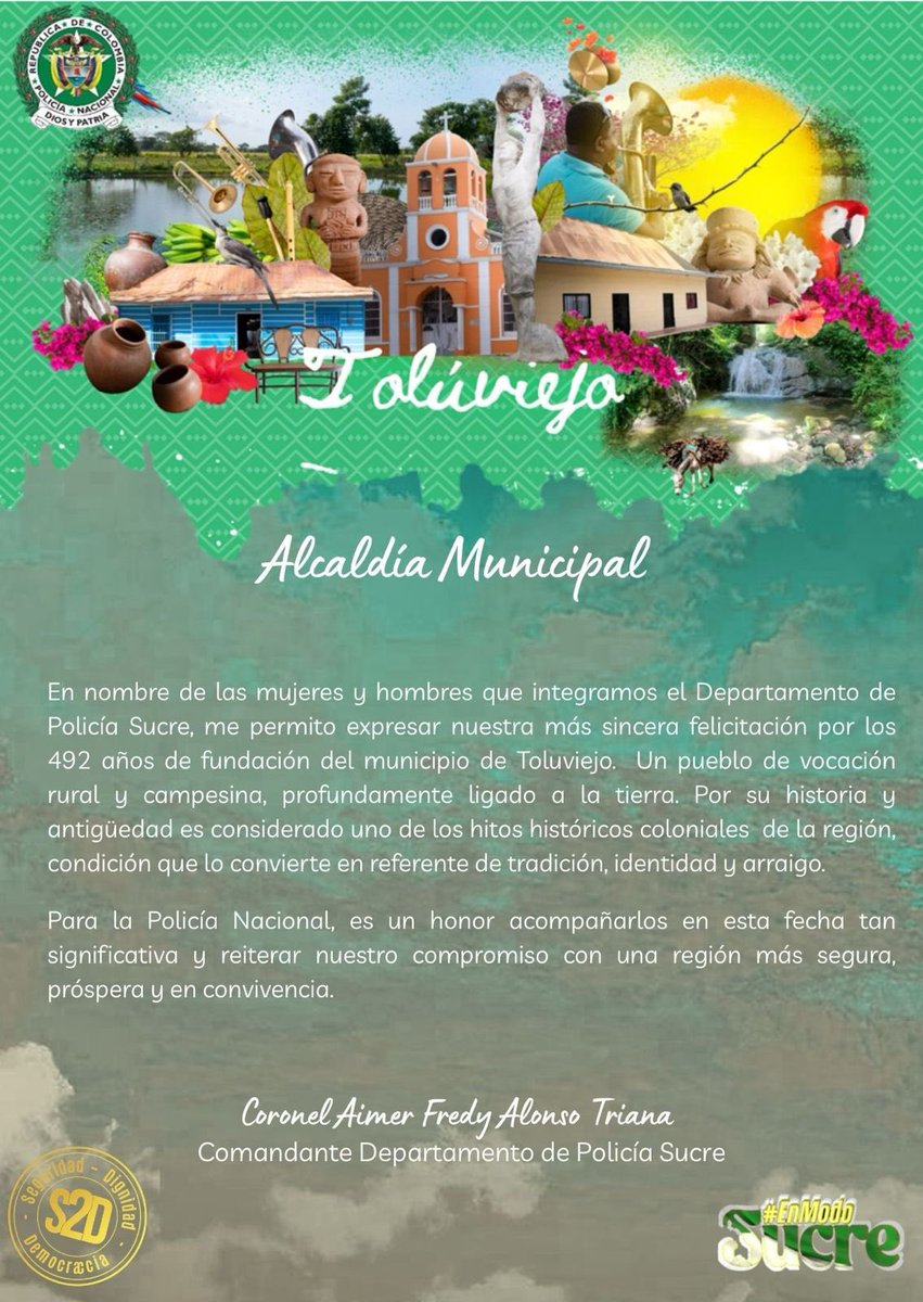 SucrePolicia's tweet photo. 🎉 Celebramos los 492 años de Toluviejo, orgullo y tradición de nuestro departamento.

Desde el Departamento de Policía Sucre seguimos comprometidos con su seguridad y bienestar. 🚔

#EnModoSucre #SeguridadDignidadYDemocracia https://t.co/Svpf1uefEy