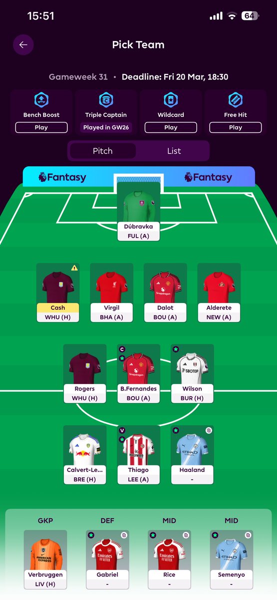 matty6345's tweet photo. @BigManBakar @SteadyFPL 2FT 0.8itb Current plan is WC32 BB33 FH34
Is this team good enough to roll with or is there a must buy this week? I know 10 players isn't ideal but I feel the FT's could come in handy from 35 onwards https://t.co/U2fYdiR5Zq