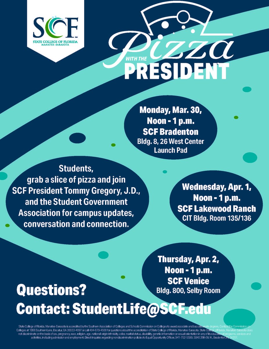 🍕 Join us for Pizza with the President!

Meet SCF President Tommy Gregory, connect with Student Government, and get campus updates, while enjoying FREE pizza!

~ Mar 30 – SCF Bradenton
~ Apr 1 – SCF Lakewood Ranch
~ Apr 2 – SCF Venice
⏰ 12–1 PM
Questions? StudentLife@SCF.edu