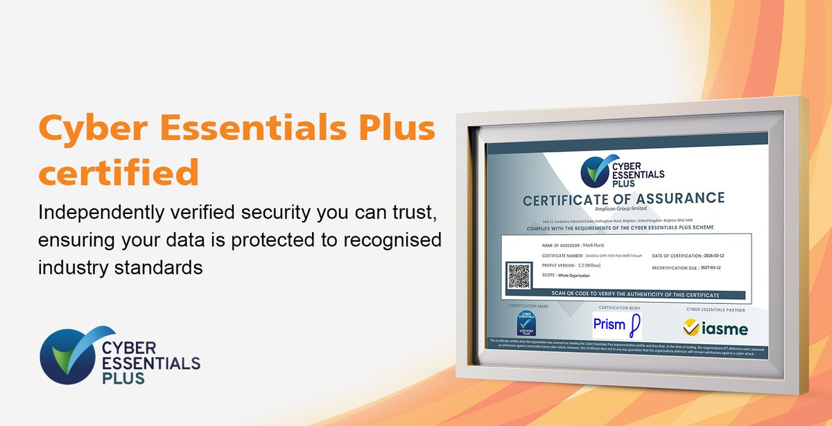 We’re pleased to share that Amplicon has achieved Cyber Essentials Plus certification.  Our systems and controls have been independently audited and verified, reinforcing our commitment to protecting your data. 🔐

#CyberSecurity #CyberEssentialsPlus