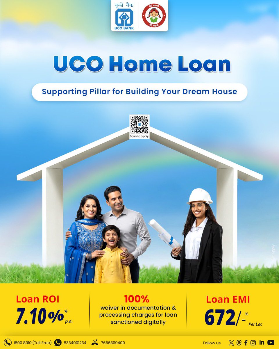 UCOBankOfficial's tweet photo. Build your dream home with ease 🏡
Attractive rates, simple process, and big dreams made possible with UCO Bank.
#HomeLoan #DreamHome #UCObank #EasyLoans #FinanceSmart https://t.co/VrLiKd9YAS