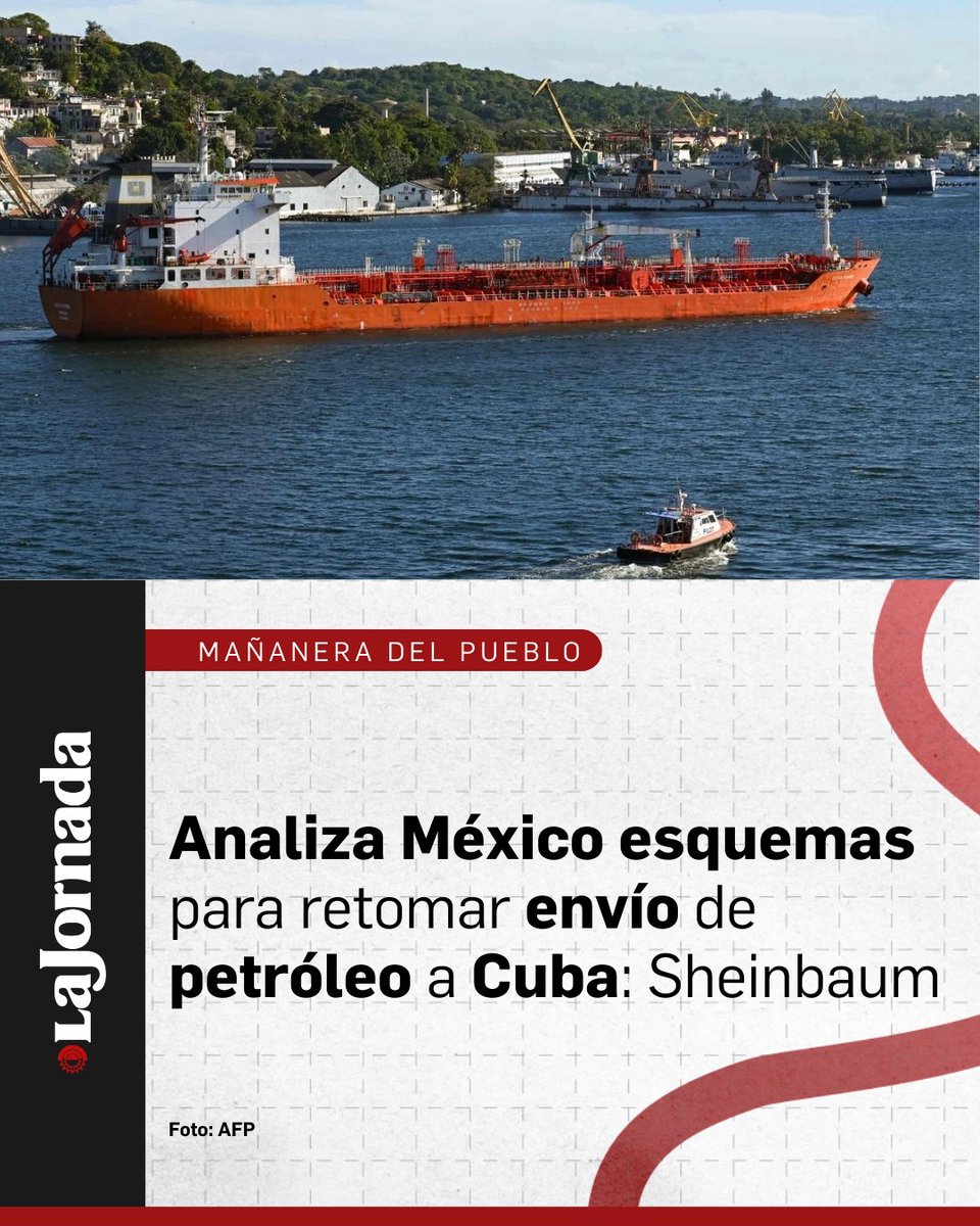 #MañaneraDelPueblo | Para retomar el envío de petróleo a Cuba “estamos viendo distintos esquemas, ya vamos a informar”, aseguró la presidenta Claudia Sheinbaum.

Dijo que la mayoría de la población está a favor de la ayuda humanitaria para la isla, a diferencia de la derecha que