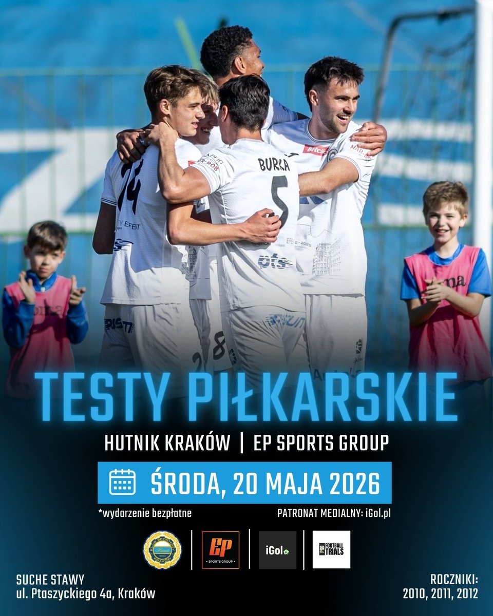 KSHutnikKrakow's tweet photo. ℹ️ Testy piłkarskie w AP Hutnika Kraków 🤍🩵💙

Wraz z EP Sports Group oraz PRO Football Trials organizujemy testy dla młodych zawodników z roczników 2010 i 2011. 

Patronat medialny: @igolpl 🔥.

Informacje i formularz zgłoszeniowy dostępne są tutaj ⬇️

https://t.co/SOxtKLXAB8 https://t.co/jDxkA6Xqv7
