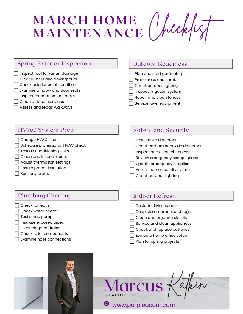 MarcusKatkin's tweet image. Step into spring with confidence—tackle your March home maintenance and keep your space shining! 🏡✨  
#HomeCare #SpringChecklist #MarchMaintenance #RealEstateTips #MarcusKatkin #PurpleAcorn #KWCoastalRealty