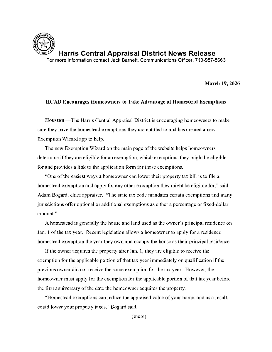 HCAD_Info's tweet photo. The Harris Central Appraisal District is encouraging homeowners to make sure they have the homestead exemptions they are entitled to and has created a new Exemption Wizard app to help. https://t.co/1NhFBS3v2q