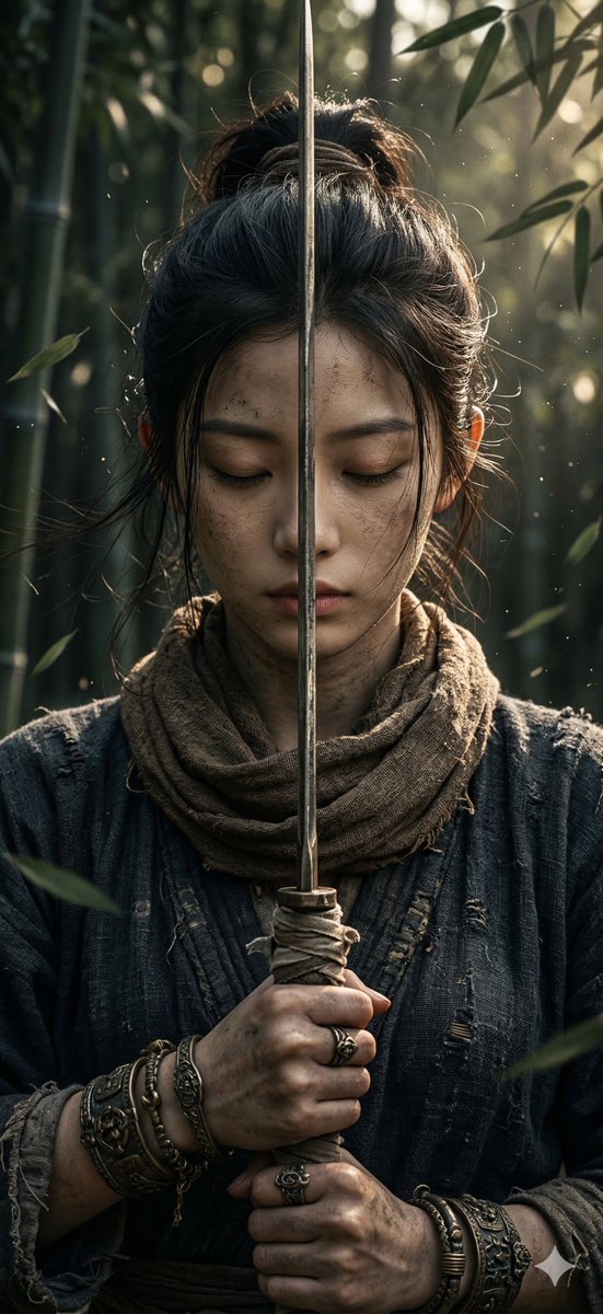 古风侠女 Wuxia heroine
侠片里走出来的不是主角光环，是满身风尘的孤狼感。

Prompt（直接复制走）：

wuxia cinematic realism, ultra-detailed close-up portrait, ancient chinese female swordsman, eyes closed head slightly bowed, holding cloth-wrapped sword vertically blocking half