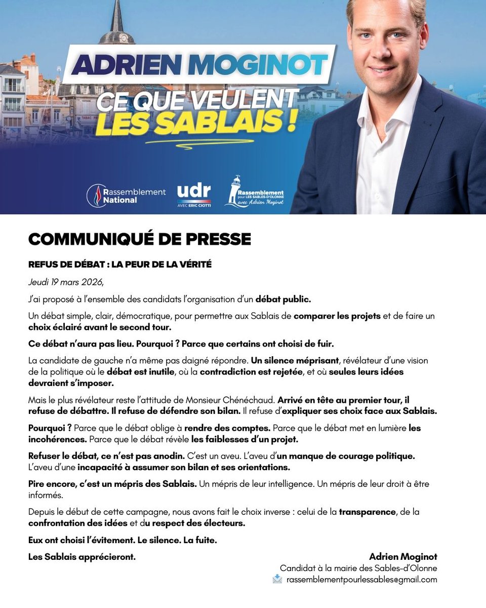 adrienmoginot's tweet photo. Ils ont refusé le débat du second tour.
Refuser de débattre, c’est refuser de rendre des comptes. C’est fuir la confrontation, fuir les électeurs.
Nous, nous faisons le choix du courage et de la transparence.
Les Sablais jugeront.
#lessablesdolonne https://t.co/avLkpkAmPR