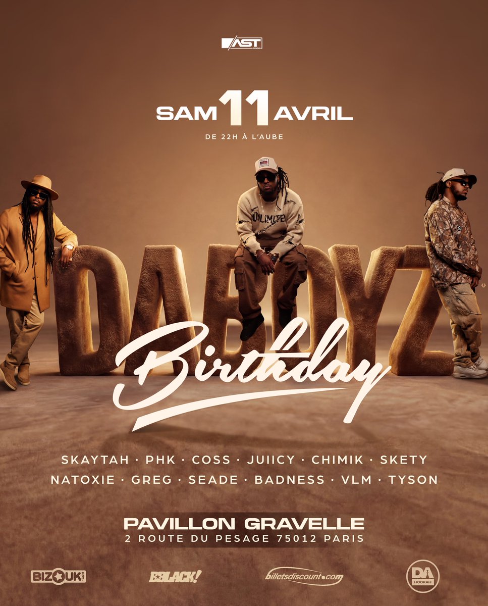 🟤 BIG ALERT 🟤

📅 Samedi 11 AVRIL 2026 

🎉DJ DABOYZ BIRTHDAY - Édition 50 nuances de Brown 🎉 
 
📍Pavillon Gravelle - 2 route de Pesage, 75012 Paris

 🎫VENTE FLASH OUVERTE ( limitée )

my.bizouk.com/dj-daboyz-birt…