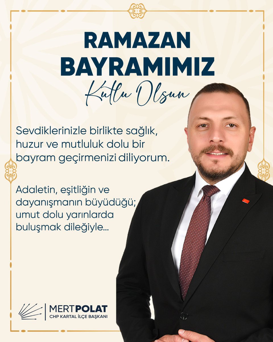 Sevdiklerinizle birlikte sağlık, huzur ve mutluluk dolu bir bayram geçirmenizi diliyorum.     

Adaletin, eşitliğin ve dayanışmanın büyüdüğü; umut dolu yarınlarda buluşmak dileğiyle... 

#chpkartal #mutluramazanlar