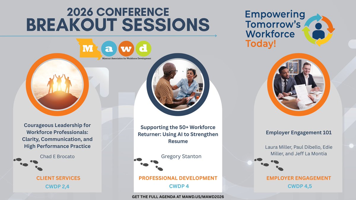 MO_WkDev's tweet image. Here are just a few of the Breakout Sessions we have planned for Empowering Tomorrow's Workforce Today. Check out more at mawd.us/mawd2026
#mawd2026 #moworkforce #tomorrowsworkforce