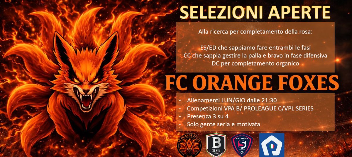 FCOrangeFoxes's tweet photo. PROVINI APERTI

Sappiamo che siamo una squadra nuova, soliti discorsi.
Siamo giocatori di pro club con esperienza da anni che riuniti per creare un gruppo sano.

Ricerchiamo le posizioni aperte come da foto. Non cerchiamo fenomeni ma gente che sappia stare in un gruppo sano. https://t.co/WlnrgohkRH