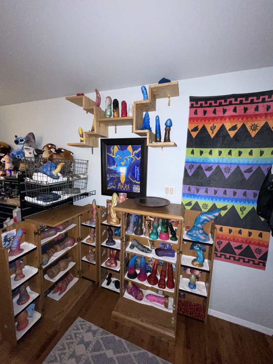 The <a href="/FauxPhallus/">Faux Phallus</a> shelf is in full bloom hanging over the <a href="/XenocatArtifact/">💚XenoCatArtifacts💚🔜FWA</a> baskets as they overlook the <a href="/bad_dragon/">Bad Dragon</a> cabinets!
So happy I am able to display my collection again!!😸