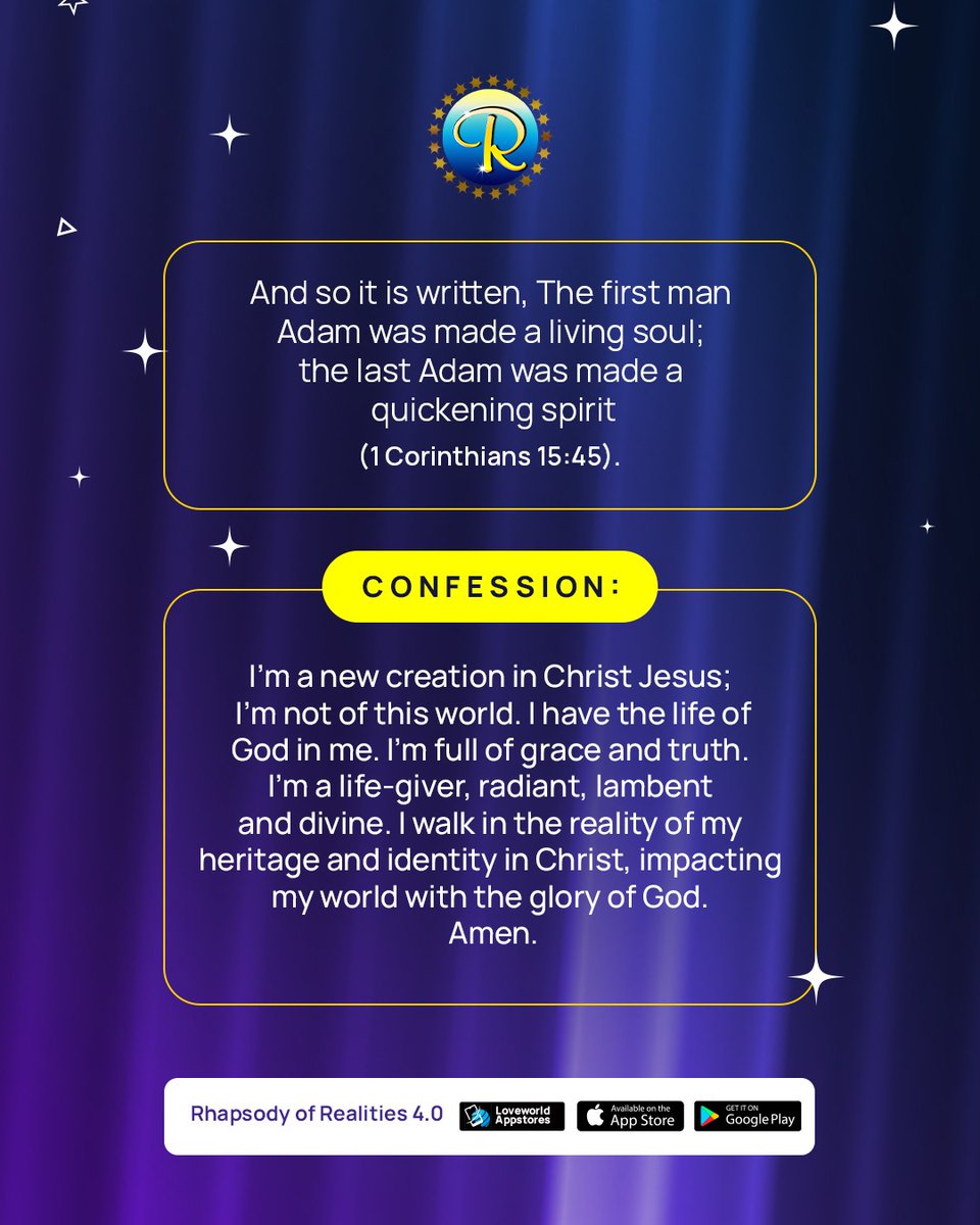 You are not of this world you are a life-giving spirit! 

The Word: 1 Corinthians 15:45 says, "The first man Adam was made a living soul; the last Adam was made a quickening spirit."

📲 Download the Rhapsody 4.0 app for $0 today! (Link in Bio).

#RhapsodyOfRealities