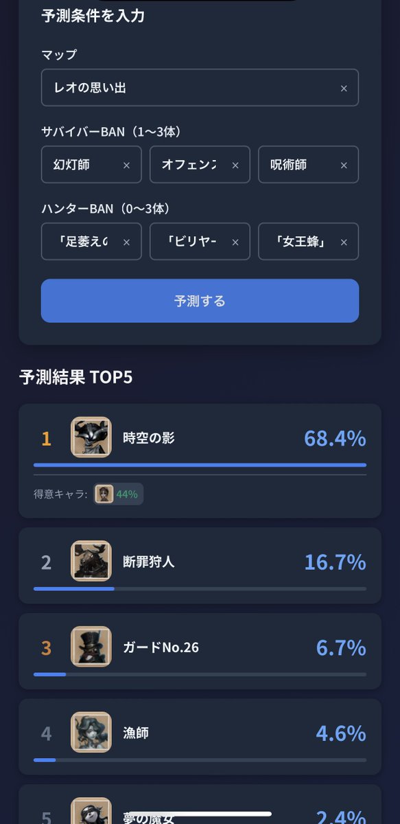 idv_tracker's tweet photo. 💡新機能「ハンター予測」追加のお知らせ

自身の入力した試合データを使い、試合前BANキャラとマップを入力するだけで「相手ハンター」を確率で特定するツールを実装しました！

相手ハンターの予測だけでなく��自分のデータから「そのハンターに勝率が高い自キャラ」を自動提示します。 https://t.co/qumye8Hyuw