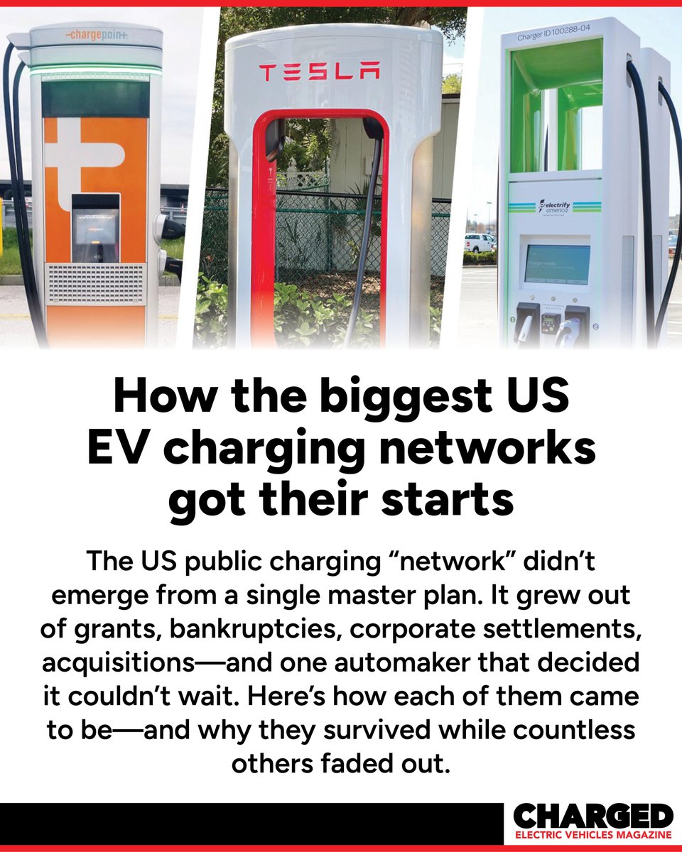 ChargedEVs's tweet image. The US public charging “network” didn’t come from one master plan. It was built from grants, bankruptcies, diesel settlements, acquisitions—and one automaker that got tired of waiting.

Here’s exactly how the 7 biggest players actually started 👇 

#EVCharging #ElectricVehicles