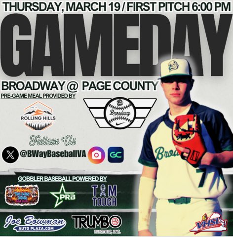 BwayBaseballVA's tweet photo. 🤜It’s Time…Regular Season Opener

📆 Thursday, March 19
🕐 First Pitch 6pm
🆚 Page Co Panthers
🏟️ Page County HS
🌡️ 58° ⛅️
🎟️ Ya’ll Come!
📈 https://t.co/mW9K1DNOap

#ForTheTown #LaceUp https://t.co/PQJd0MG2gd