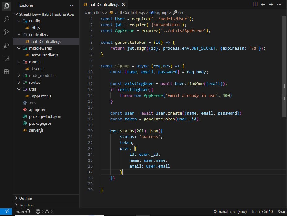 sudoSami's tweet photo. Day 4 of building StreakFlow 🔥

Auth controller started, signup is working with JWT tokens and custom error handling. No try/catch blocks needed 🧠

#buildinpublic #webdev https://t.co/WEAyViaFHE