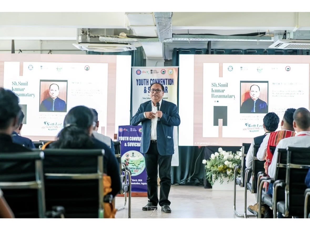 NssTetso's tweet photo. Day 1 Session 1 of the ‘Youth Convention &amp; Suvichar’ with resource speaker Shri Sunil Kumar Basumatary at the 9th North East Youth Festival 2026, Nagaland, held at Tetso College, Chumoukedima, Nagaland. https://t.co/IKOuNn9Eh9