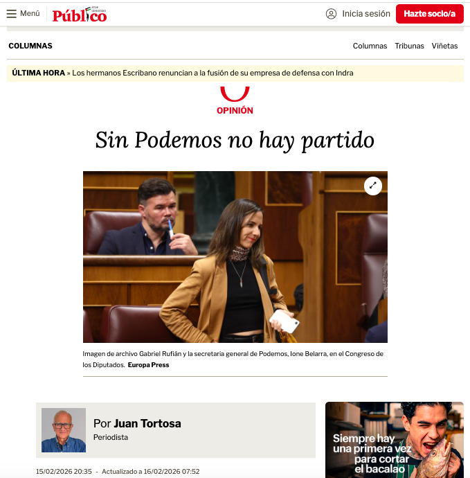"Saben q tarde o temprano necesitarán a Podemos. También q más les vale q eso se sustancie cuanto antes si d verdad se quiere evitar la irrupción del cataclismo fascista". Con esta frase acabé mi artículo del pasado 18 de febrero. Un mes ha transcurrido. 
publico.es/opinion/column…