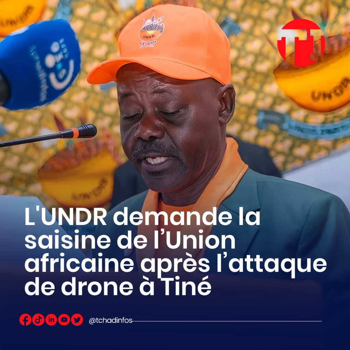 tchadinfos's tweet photo. Dans un communiqué publié ce19 mars 2026, l’Union Nationale pour le Développement et le Renouveau (#UNDR) condamne l'attaque de drone en provenance du Soudan ayant coûté la vie à une vingtaine de civils à Tiné. Le parti appelle à la saisine de l’Union africaine, exige des explications, des excuses et l’indemnisation des victimes, tout en dénonçant une grave atteinte à la souveraineté du Tchad. #Tchad 🇹🇩