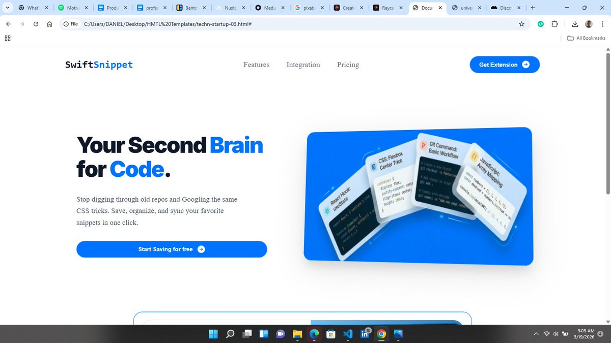 AbimbolaDa31415's tweet photo. Yesterday’s practice is today’s feature!
Integrated CSS Grid into the SwiftSnippet landing page. Leveraging repeat(3, 1fr), grid-template-areas, and minmax() to architect a high-density Bento UI.
Consistency > Tutorials. 🚀
#BuildInPublic #CSSGrid #UIUX #WebDev #frontend https://t.co/NFamGwk0Q8