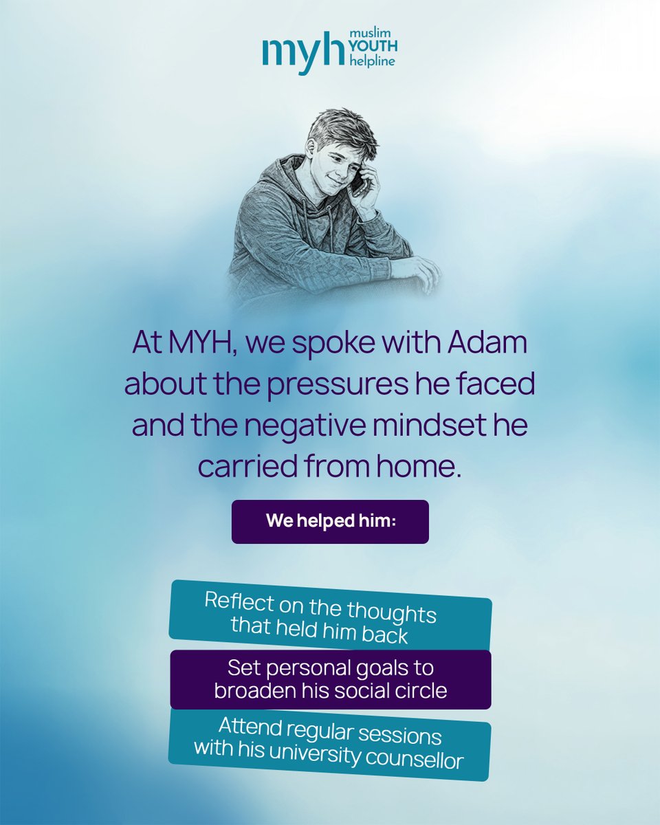 muslimyouthhelp's tweet image. Adam's story is just one of many. With the right support, we can help young people unlearn harmful patterns and find peace. Your donation keeps the Muslim Youth Helpline open for those in need. 

Donate today: myh.org.uk

#MentalHealthSupport #Muslim