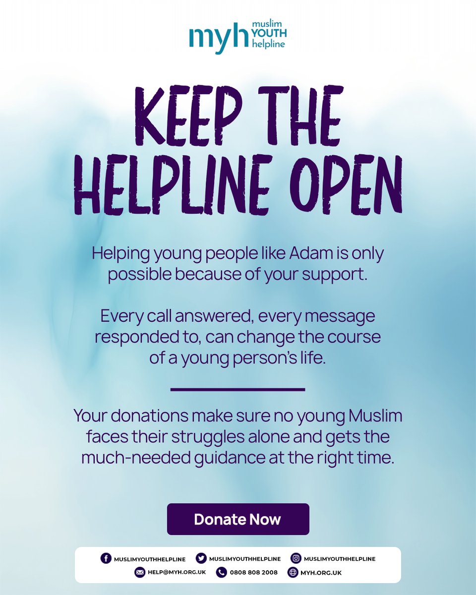 muslimyouthhelp's tweet image. Adam's story is just one of many. With the right support, we can help young people unlearn harmful patterns and find peace. Your donation keeps the Muslim Youth Helpline open for those in need. 

Donate today: myh.org.uk

#MentalHealthSupport #Muslim