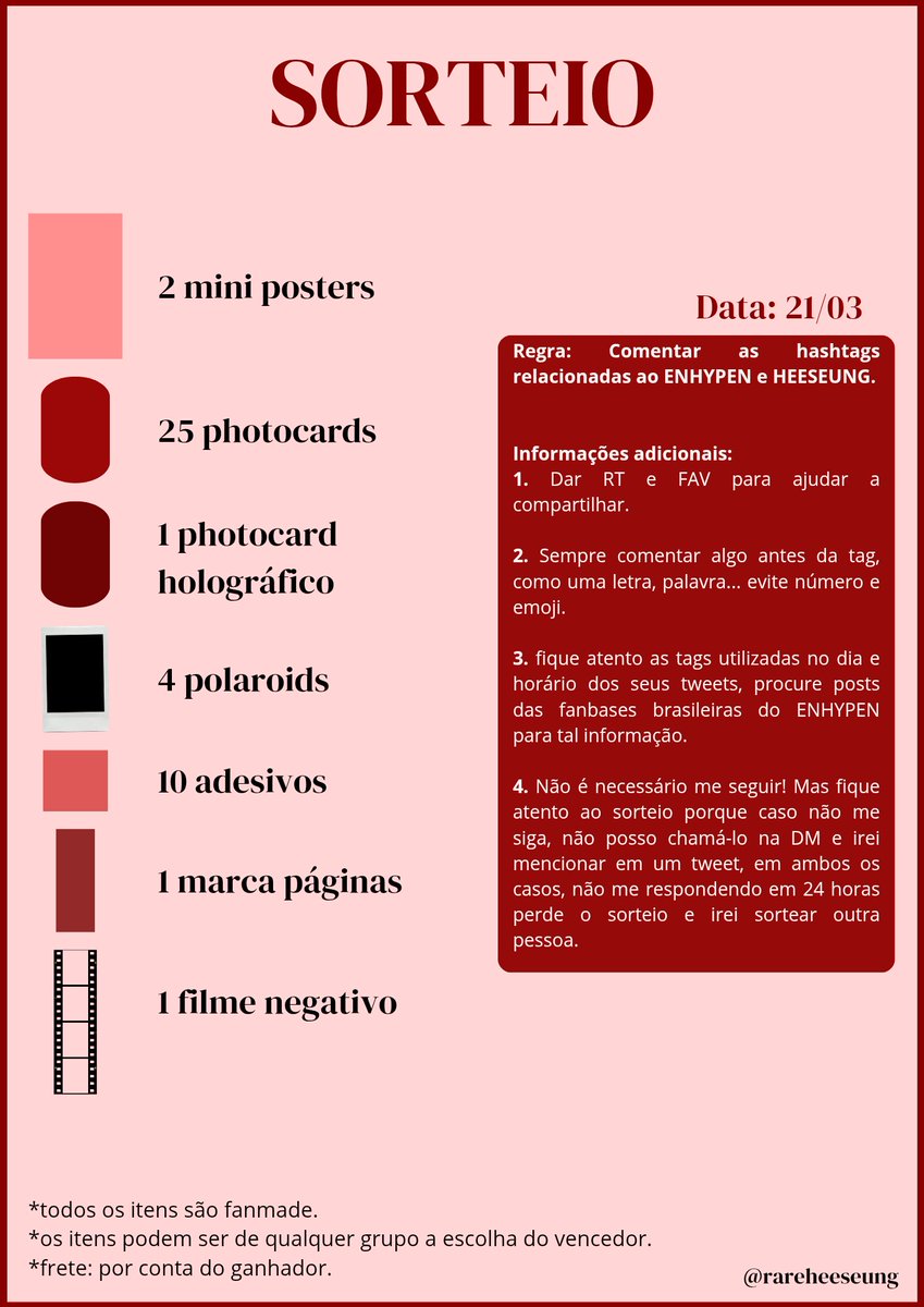 SORTEIO DE ITENS FANMADE

Regras e informações na foto.
Quanto mais comentar mais chances de ganhar!

LET ENHYPEN CREATE
#PROTECT_OUR_SEVEN
#LET_ENHYPEN_CREATE