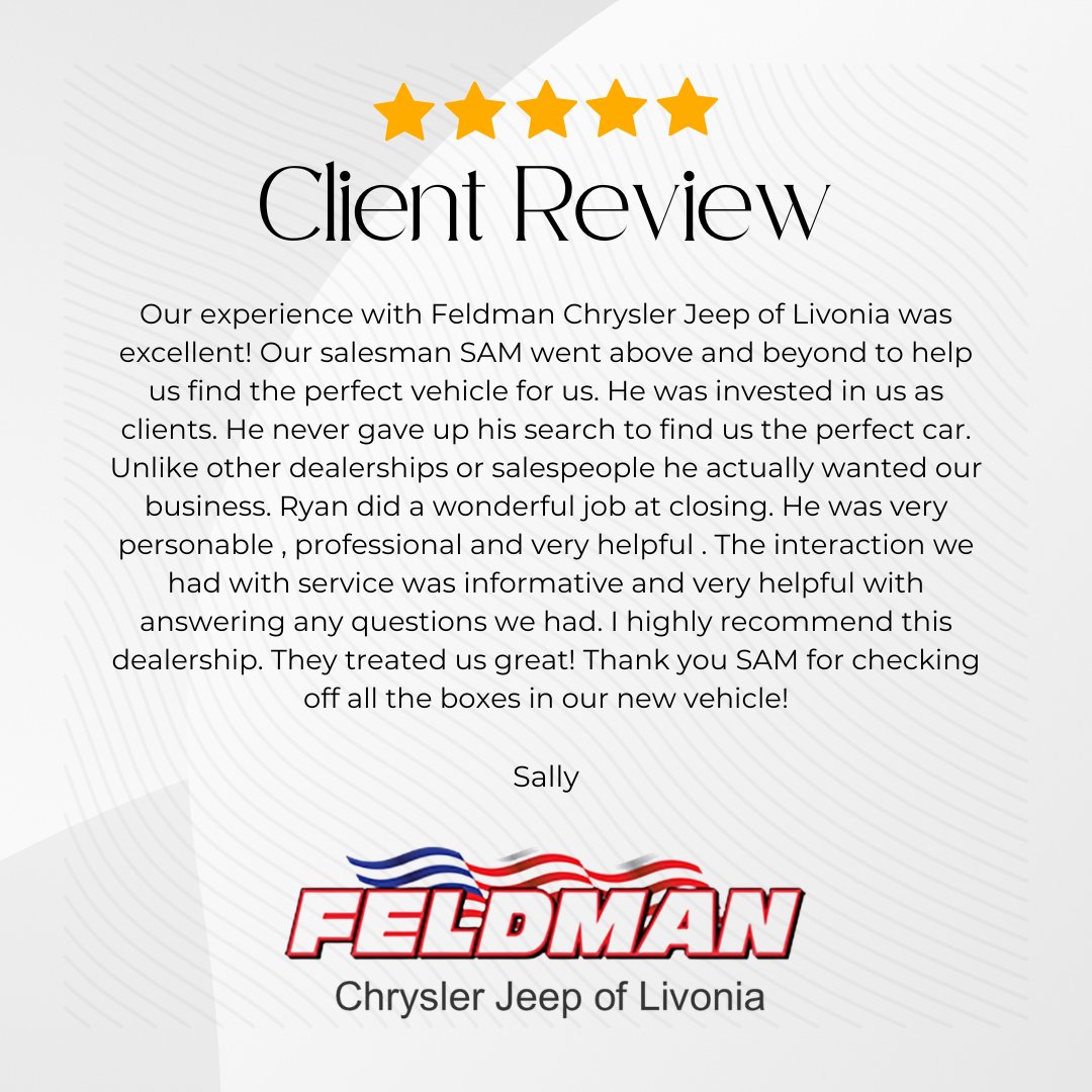🙏 Thankful for amazing customers like Sally.
Huge shoutout to Sam and Ryan for delivering a five star experience from start to finish. 🚙

#ThankfulThursday #FeldmanCJofLivonia #CustomerAppreciation
