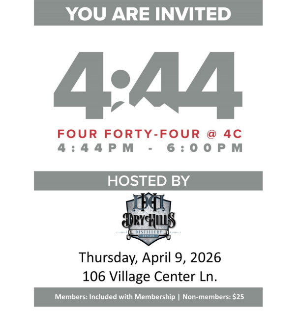 Join us on Thursday, April 9, 2026 for 4:44 @ 4C hosted by Dry Hills Distillery! We hope to see you there.