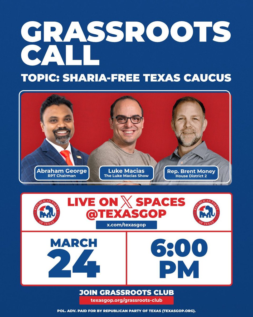 Texas Republicans - the grassroots are the backbone of our party.

Next week, we’re putting the microphone back where it belongs - with you.

Join me, Luke Macias, and State Representative Brent Money for our Grassroots Club call on X Spaces as we talk about what Texans are
