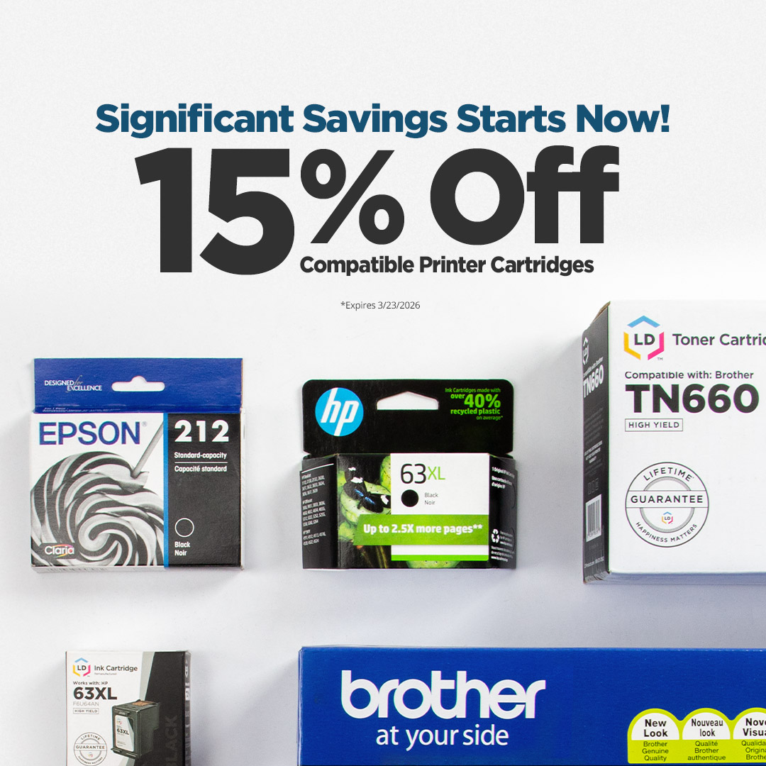 LDProducts's tweet photo. Big Savings on Ink &amp; Toner! ✨🖨️
🔹 15% off compatible printer cartridges
Use Code: DEAL15 from 3/19 – 3/23
Shop Now: https://t.co/EI8eA3H9yD https://t.co/RmS8OcVPHB