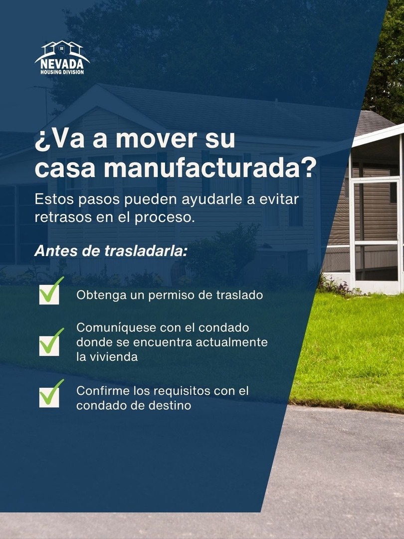 Mover una casa manufacturada requiere coordinación con autoridades locales para que el proceso se realice correctamente. 🏠 Antes de trasladarla, obtenga el permiso correspondiente y confirme los requisitos con ambos condados.

Más información:
[ENLACE] housing.nv.gov/ManfHousing/Ti…