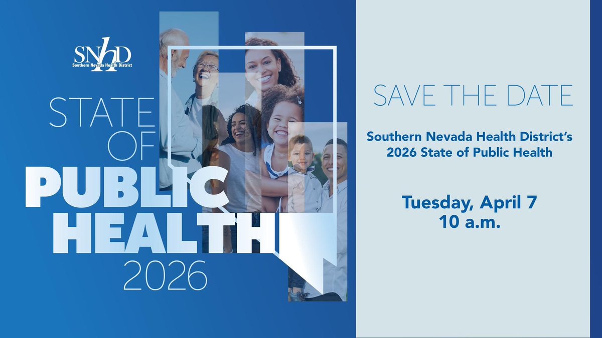 TuSNHD's tweet photo. Join us for the 2026 State of Public Health to hear updates on key issues impacting Southern Nevada and the work being done to improve community health. Watch live on Facebook Tuesday, April 7 at 10 a.m.  https://t.co/8n7VwRlUhQ https://t.co/KGwpixHL0E
