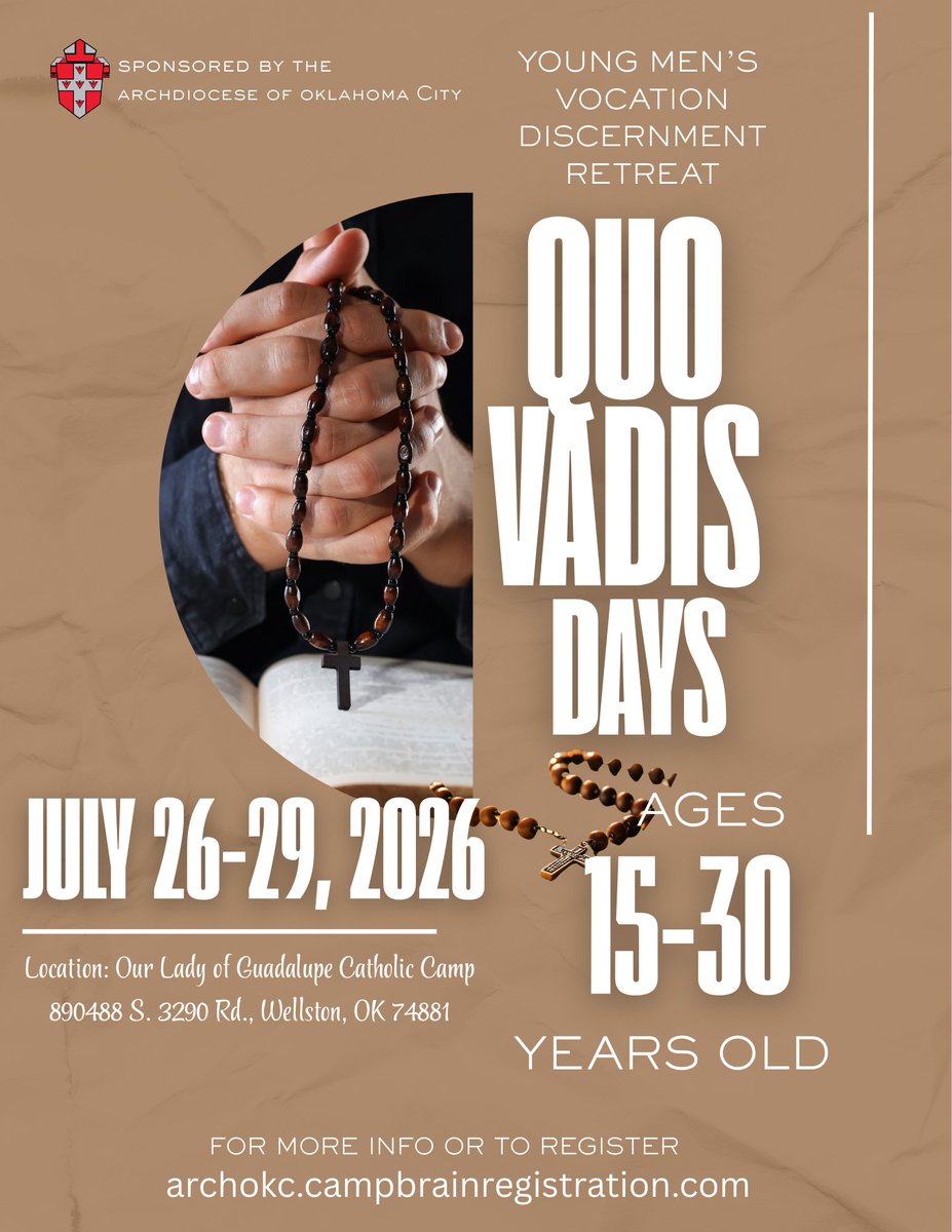 OKCVocations's tweet photo. Have you been wondering where God is calling you? Join the a young men’s vocation discernment retreat, Quo Vadis Days, for ages 15–30, July 26-29. Spend time in prayer, reflection and brotherhood as you seek clarity and grow closer to your purpose. Visit https://t.co/DLoMS1RqAK https://t.co/7ymvxnY1Iu