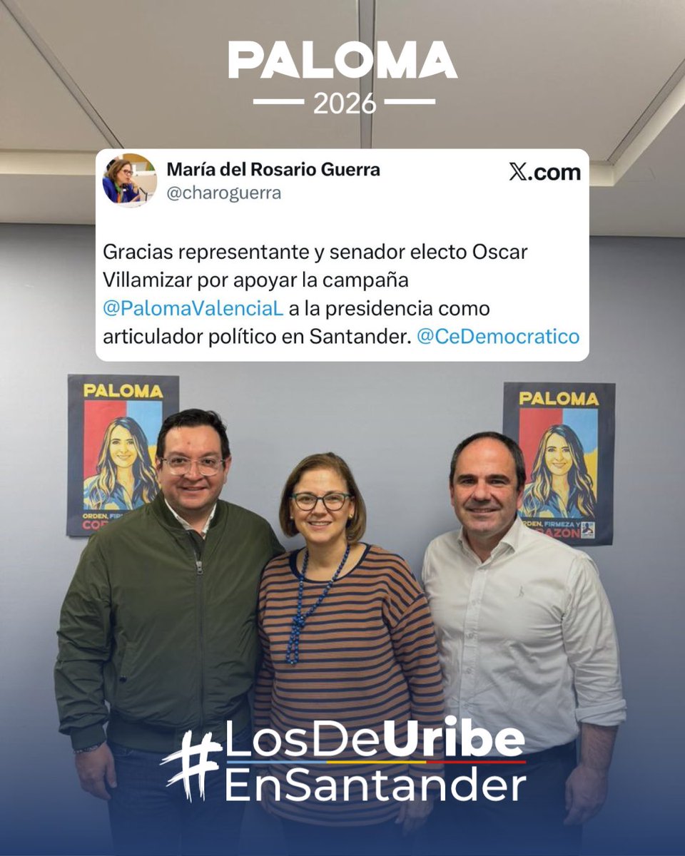 OscarVillamiz's tweet photo. Agradezco la confianza de nuestra próxima Presidenta @PalomaValenciaL, de nuestro Vicepresidente @JDOviedoAr, de la gerente de campaña @charoguerra y el Director Nacional de la campaña a la presidencia @GabrielJVallejo, por la asignación como articulador político de nuestro departamento de Santander. 

Asumimos esta responsabilidad con las puertas abiertas para convocar a todos los sectores a sumarse a esta causa de #SalvarAColombia.