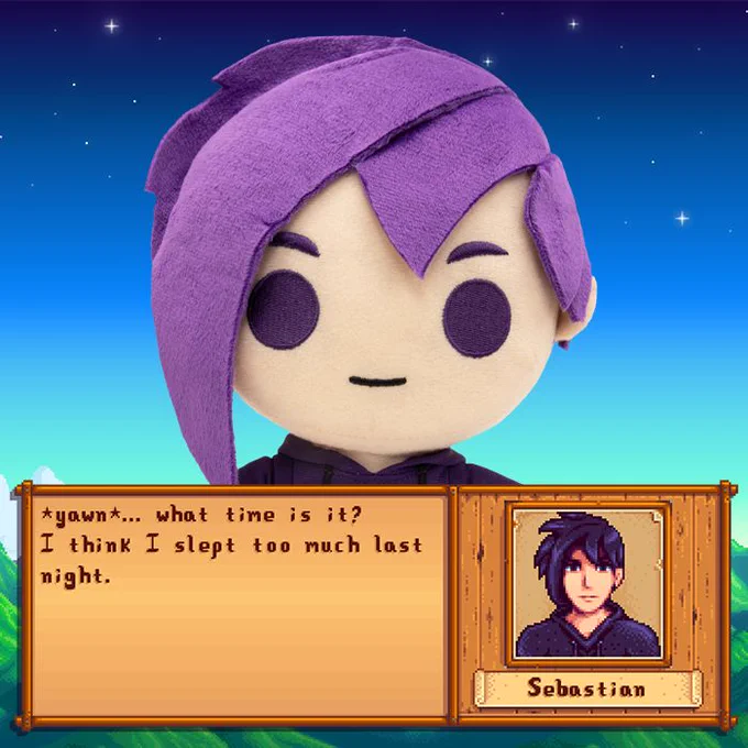 Sanshee Sebastian plush standing in front of a starry background with the dialogue chat box open. The dialogue says "*yawn*... what time is it? I think I slept too much last night.