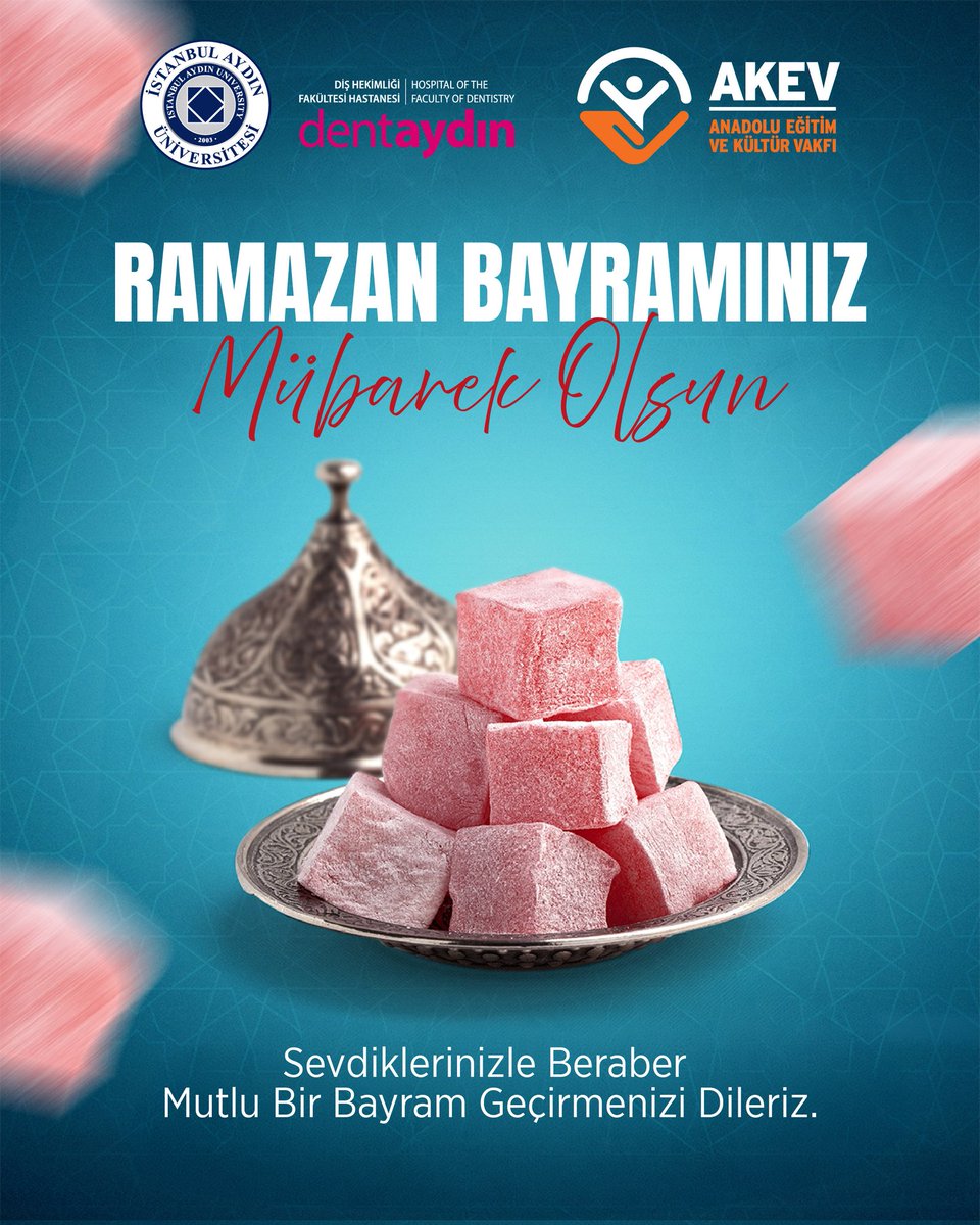 İstanbul Aydın Üniversitesi Diş Hekimliği Fakültesi Hastanesi olarak Ramazan Bayramı’nın birlik, beraberlik ve dayanışma duygularını güçlendirmesini temenni ediyor; sağlık, huzur ve mutluluk dolu bir bayram geçirmenizi diliyoruz. İyi bayramlar.