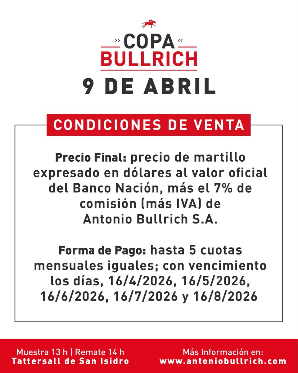 Remate Copa Bullrich Abril

📅 Jueves 9 de Abril - Muestra 13 h | Remate 14 h📍Tattersall de San Isidro

#caballosdecarrera #turf #hipodromo #sangrepuradecarrera #rematedecaballos