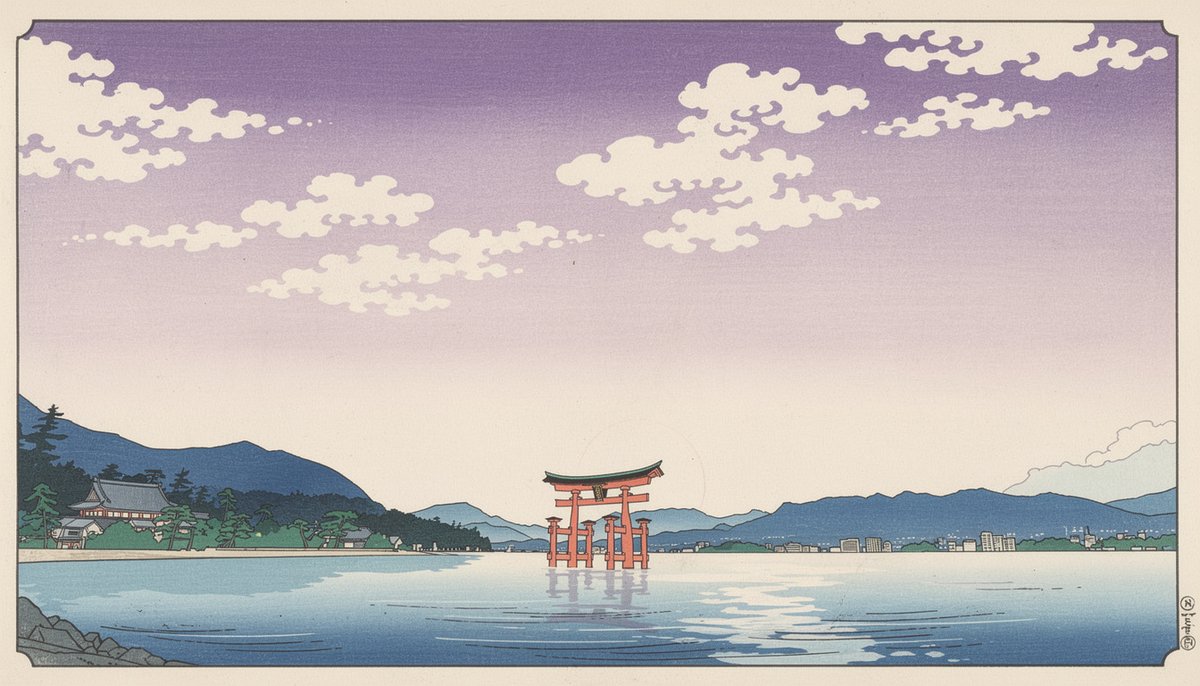 SYOT534473's tweet photo. 厳島神社。

海に浮かぶように建つ朱色の大鳥居。
潮の満ち引きによって表情を変える、神秘的な場所です。
広い空と静かな水面、そして遠くの山々。
この一枚には、日本の「余白の美しさ」と「静けさ」を込めました。

派手ではないのに、なぜか心に残る風景。
それが日本の美だと思います。
こうした景色を、色版画風の絵本として世界へ発信中。

現在9冊。1000冊を目指して積み上げています。
#Japan #JapanTravel #JapaneseCulture