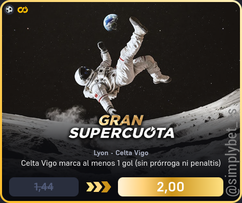 simplybet_es's tweet image. 🔊🔊 Supercuota DORADA Winamax 🔊🔊

⚽️ Lyon - Celta Vigo (Hoy 18:45)
Celta Vigo marca al menos 1 gol (sin prórroga ni penaltis)
1.44 ➡️ 2.00 (38.89%) [10€]

#winamax #supercuota #dorada