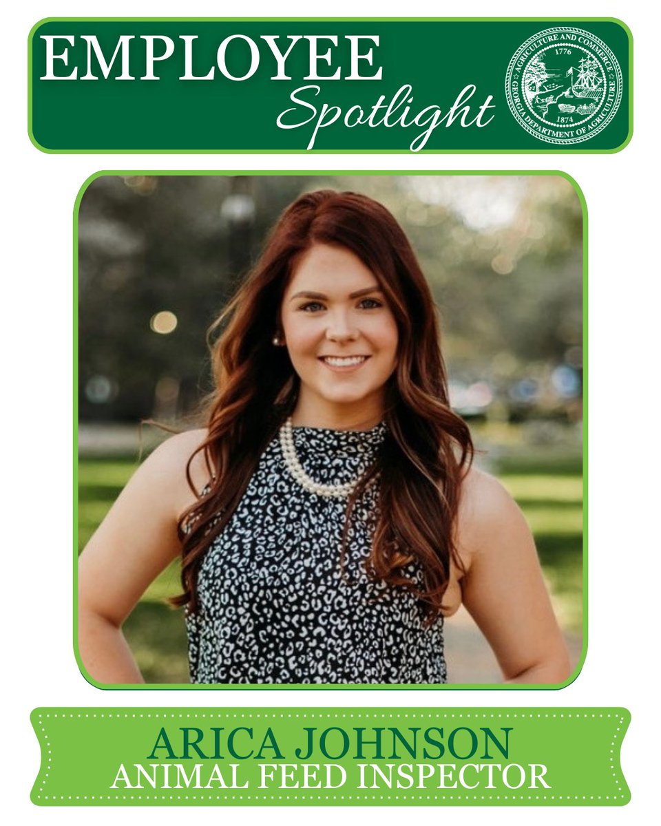 GaDeptAg's tweet image. #EmployeeSpotlight | Arica Johnson has worked with the Georgia Department of Agriculture for two years as an Animal Feed Inspector in the Ag Inputs Division.
In her role, Arica conducts feed mill inspections, visits firms that manufacture ingredients used in animal foods, and