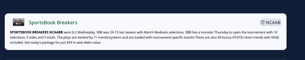 KillerCappers's tweet photo. March Madness is here and our experts have you covered with loads of selections backed by NCAA tournament specific trends. 

For Thursday alone, SportsBook Breakers has 10 selections posted!

Get selections all March Madness long here:
https://t.co/cAtY1OWKSi https://t.co/MK6MbUG60R