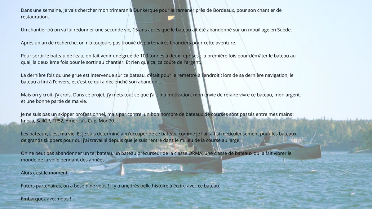 UltimBoat's tweet image. #Ultime #ORMA60 #Partenariat 

Des nouvelles du projet de Michaël Girard et de son trimaran Spirit of Titan à la recherche de partenaires pour la prochaine Route du Rhum. Si vous voulez embarquer, c'est le moment !