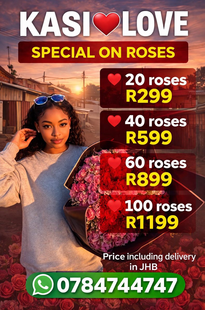 ❤️ Bring Love Home with Kasi Love 🌹

Fresh roses to fix things, celebrate love, or just make someone smile 💐

🔥 Specials:
20 🌹 R299 | 40 🌹 R599 | 60 🌹 R899 | 100 🌹 R1199
🚚 Delivery included in JHB

Don’t wait—create the moment ❤️

📲 wa.me/27784744747